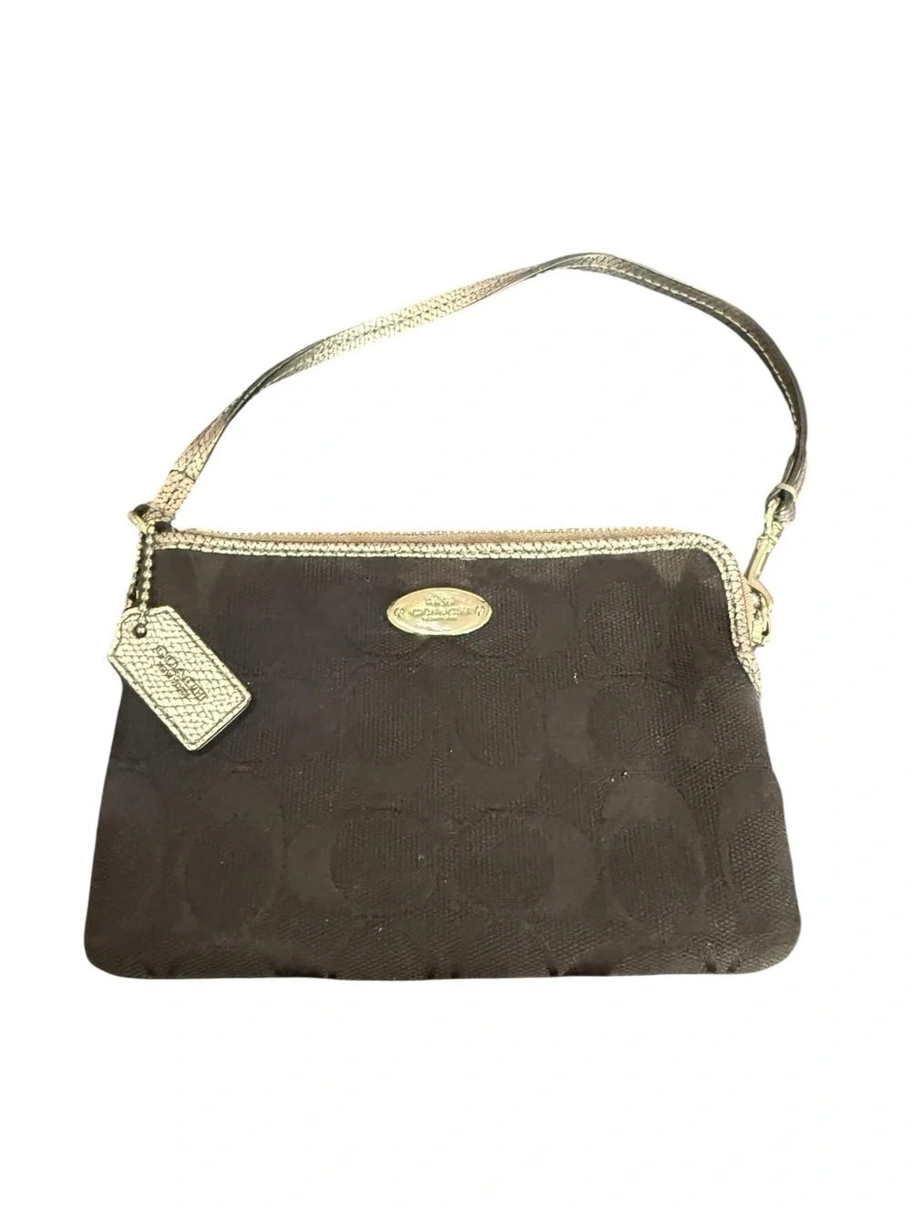Coach Dark Brown Wristlet with python embossed Gold Accents